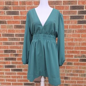 Smocked Waist Long Sleeve Fit & Flare Mini Dress - Deep Teal/Emerald Green - XL